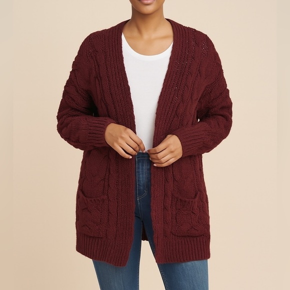 Miracle Sweaters - Miracle Burgundy Open-Front Cardigan